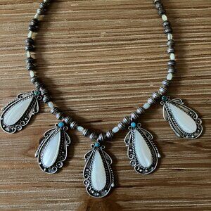 Vintage Navajo Pendant Necklace of MOP, Sterling, Turquoise-Signed JH Yazzie